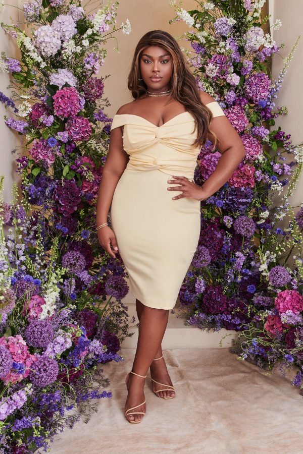 CLAIRE Curve Off Shoulder Twist Ponte Midi Dress In Butter - Image 2