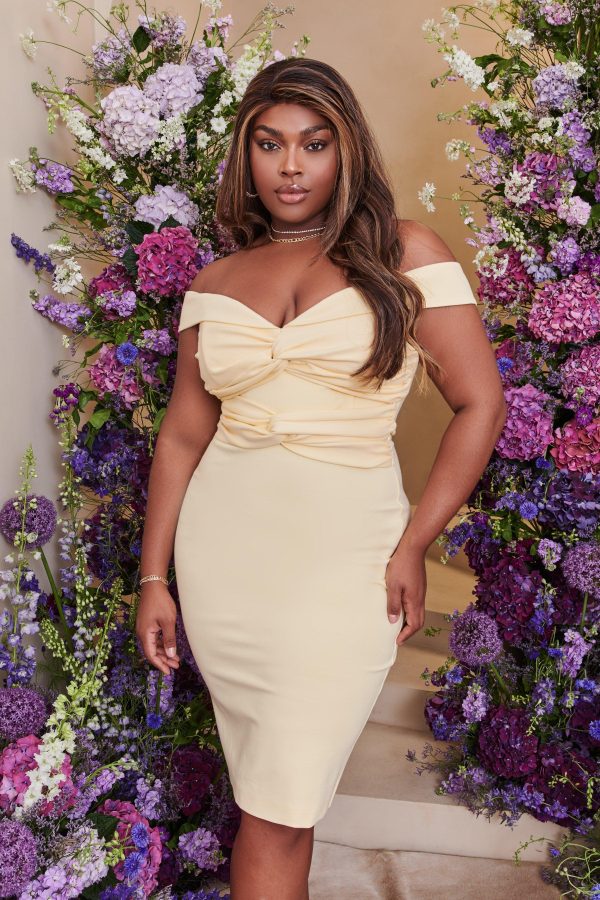 CLAIRE Curve Off Shoulder Twist Ponte Midi Dress In Butter - Image 3