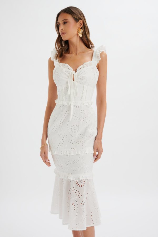 SOFI Broderie Anglais Ruffle Fishtail Midaxi in White - Image 3