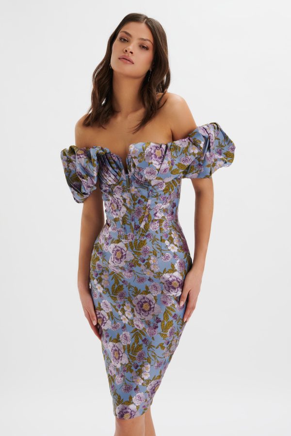 HARLOW Jacquard Corset Puff Sleeve Midi Dress In Blue Purple - Image 3