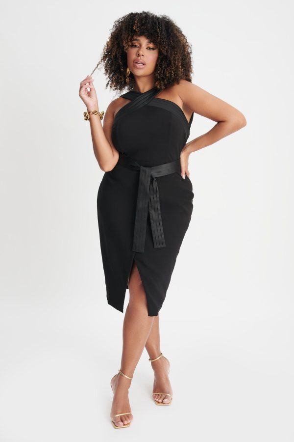 ISLA Curve Satin Mix Cross Over Midi Dress In Black