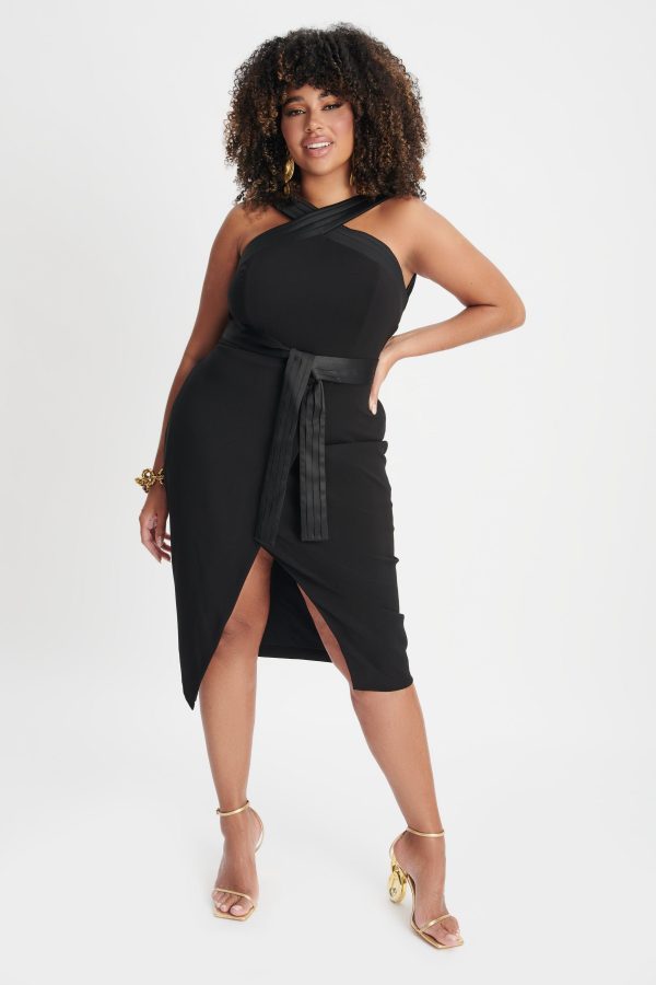 ISLA Curve Satin Mix Cross Over Midi Dress In Black - Image 3