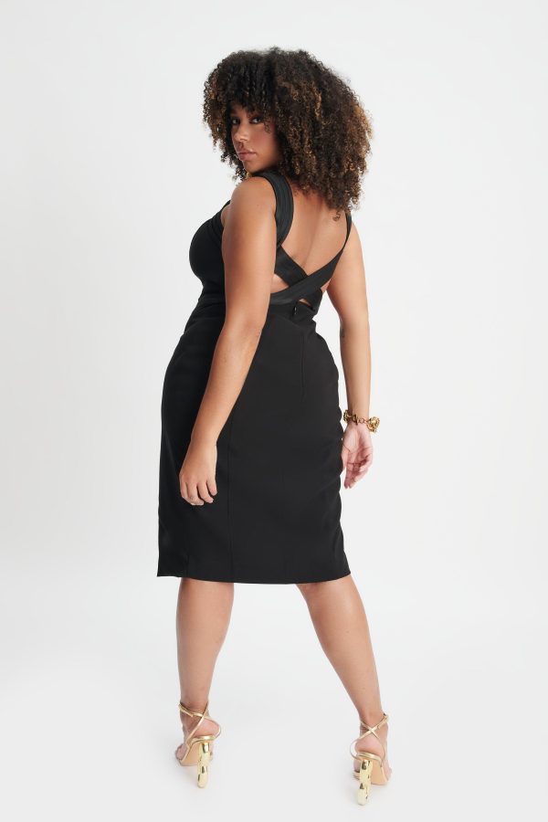 ISLA Curve Satin Mix Cross Over Midi Dress In Black - Image 5