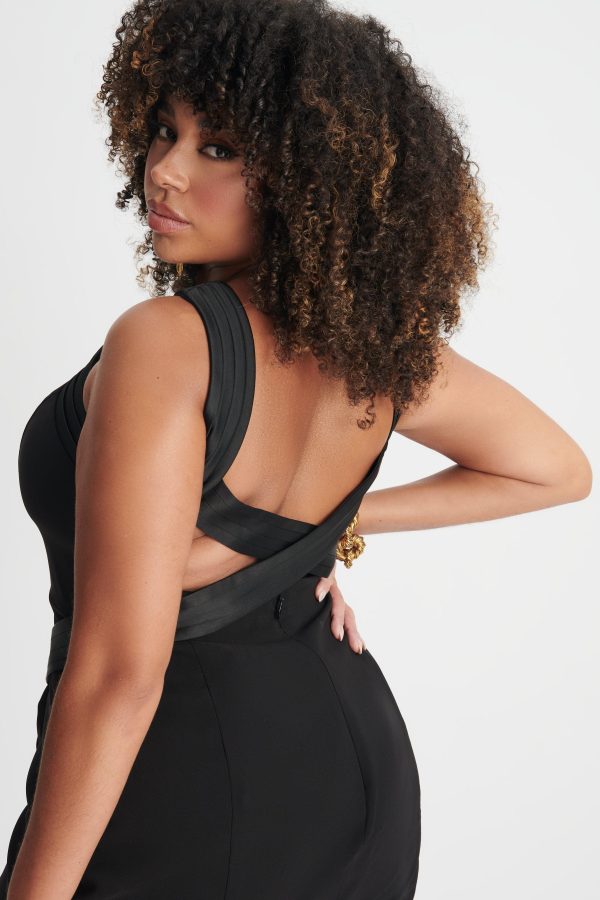 ISLA Curve Satin Mix Cross Over Midi Dress In Black - Image 6