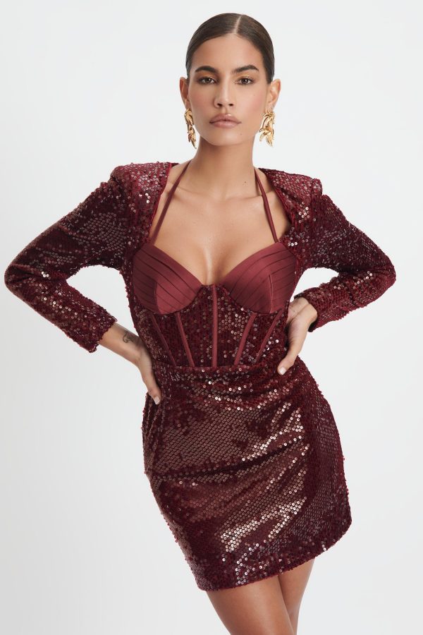 AVA Velvet Sequin And Satin Mix Mini Dress In Burgundy - Image 2