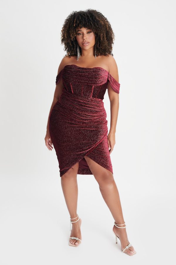 BLAKE Curve Diamante Velvet Pleated Off Shoulder Midi Dress In Burgundy - Image 2