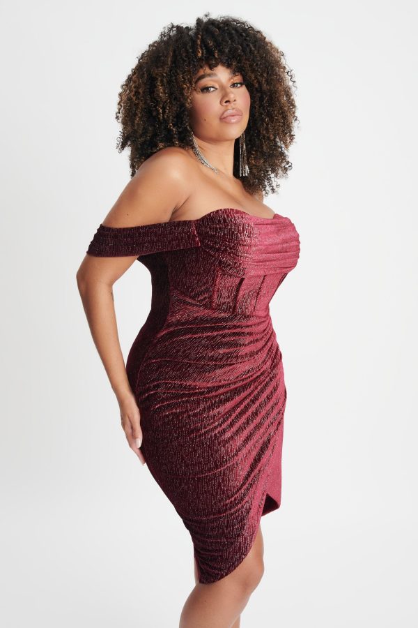 BLAKE Curve Diamante Velvet Pleated Off Shoulder Midi Dress In Burgundy - Image 4