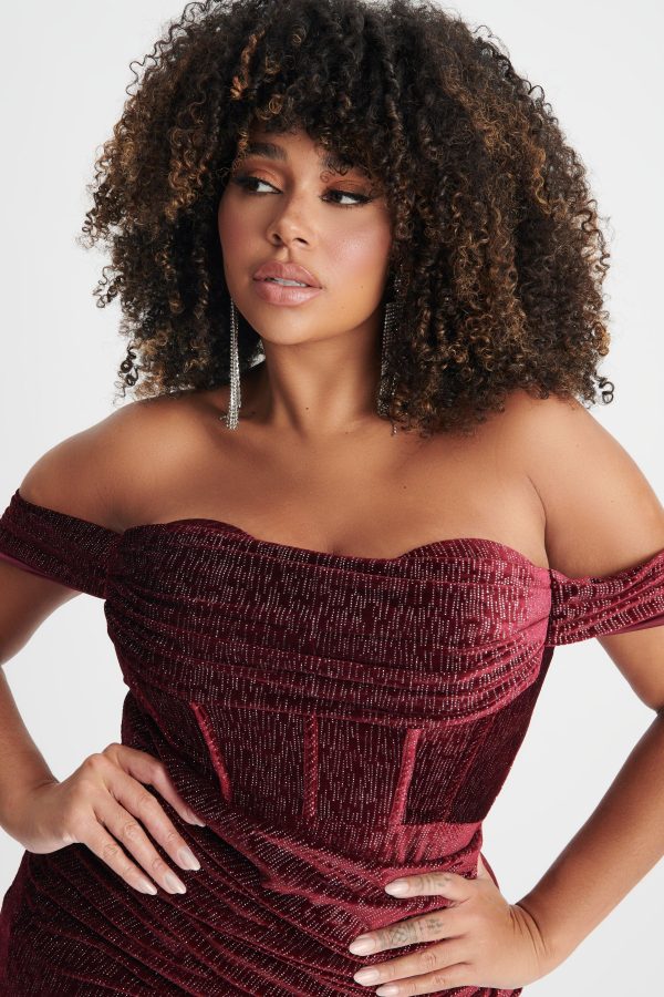BLAKE Curve Diamante Velvet Pleated Off Shoulder Midi Dress In Burgundy - Image 5