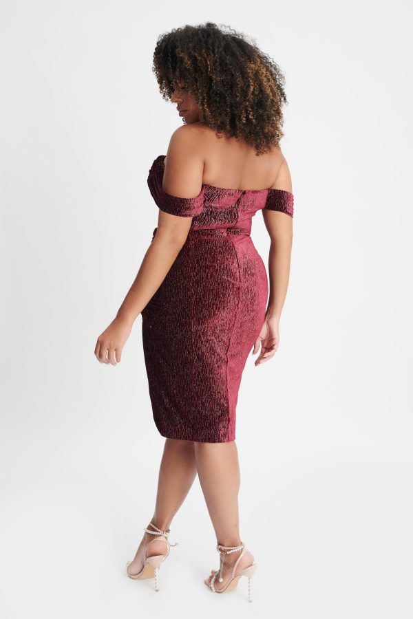 BLAKE Curve Diamante Velvet Pleated Off Shoulder Midi Dress In Burgundy - Image 6