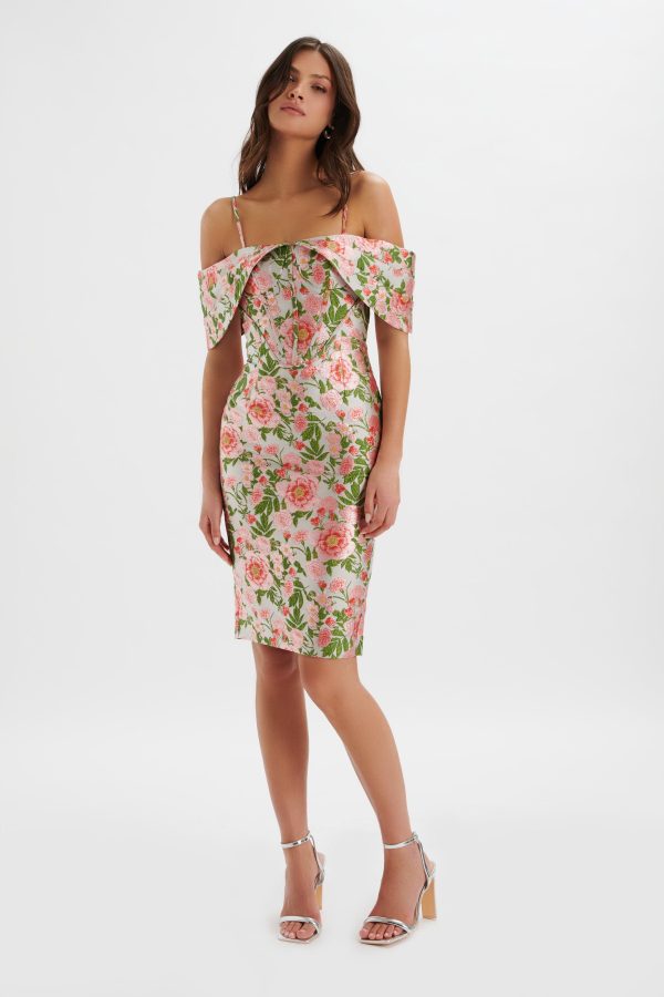 ANNALISE Bardot Sleeve Corset Midi Dress In Jacquard - Image 2