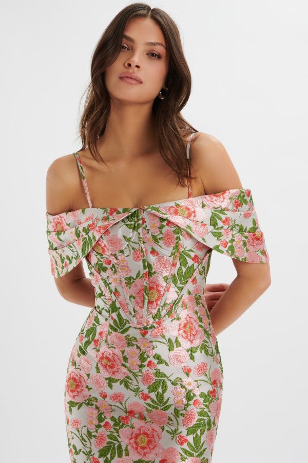 ANNALISE Bardot Sleeve Corset Midi Dress In Jacquard - Image 3