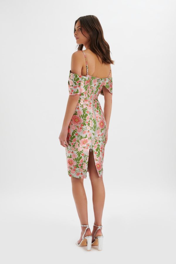 ANNALISE Bardot Sleeve Corset Midi Dress In Jacquard - Image 4