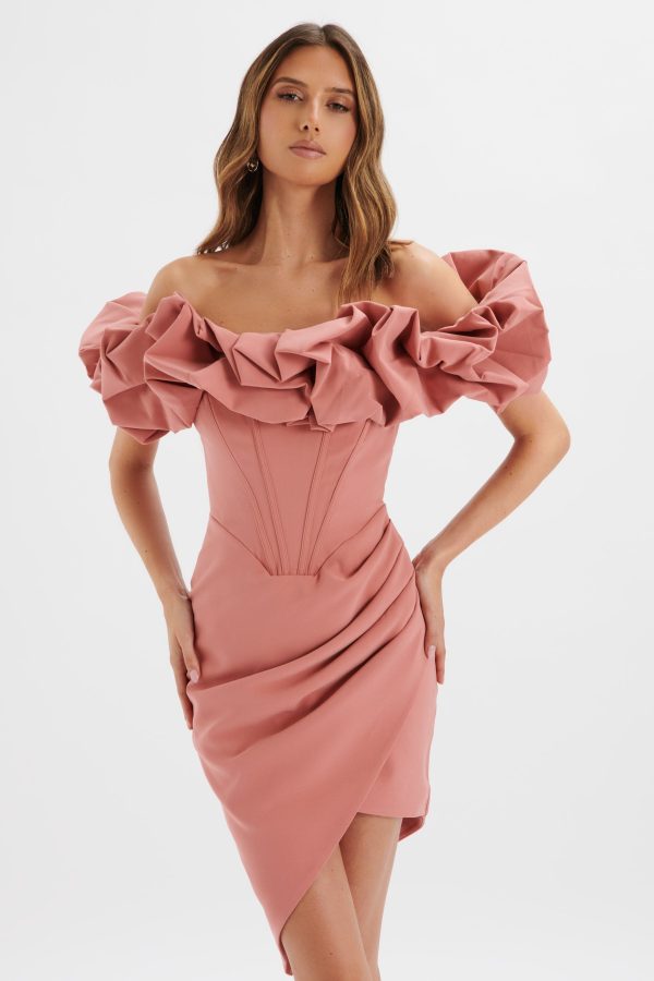 LILLY Extreme Ruffle Bardot Midi Dress In Rose Pink - Image 2
