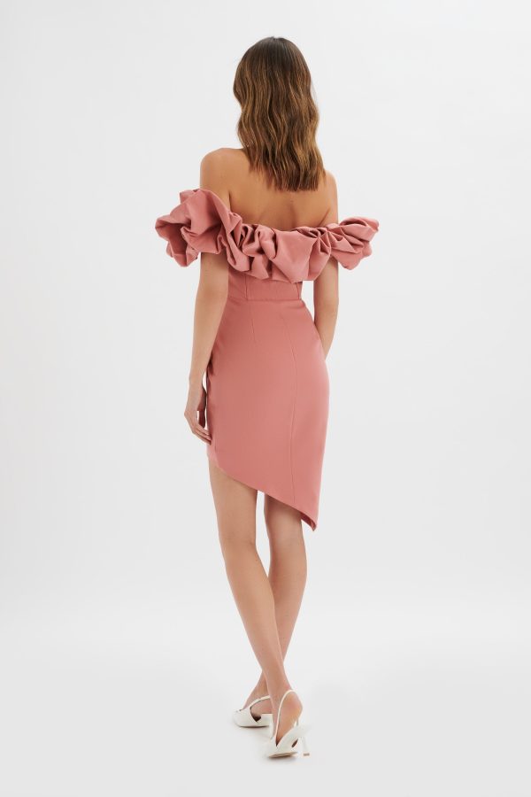 LILLY Extreme Ruffle Bardot Midi Dress In Rose Pink - Image 4