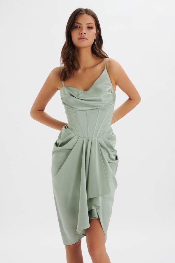 SELAH Asymmetric Cowl Neck Draped Midi Dress In Sage - Image 2