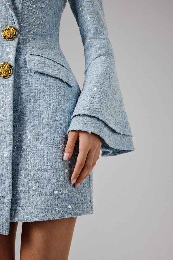 REBECCAH Oversized Rose Button Boucle Blazer Mini Dress in Blue - Image 2