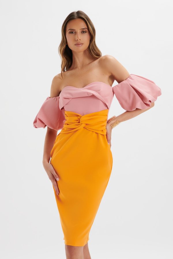 ELIZA Colour Block Twisted Midi Dress In Pink & Papaya - Image 2
