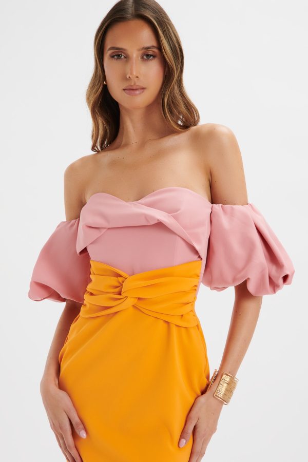 ELIZA Colour Block Twisted Midi Dress In Pink & Papaya - Image 3