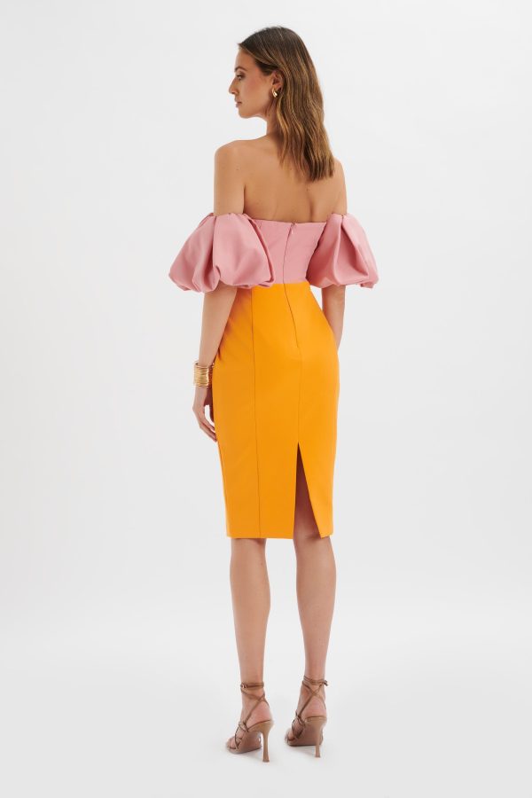 ELIZA Colour Block Twisted Midi Dress In Pink & Papaya - Image 4