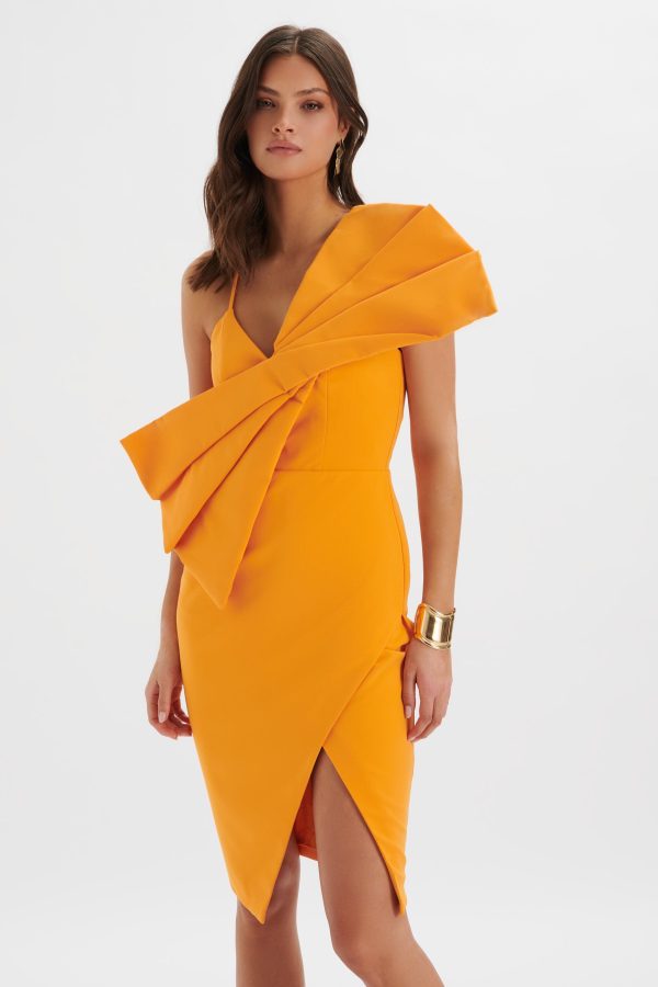 ESTHER Bow Detail Wrap Skirt Midi Dress In Orange - Image 2