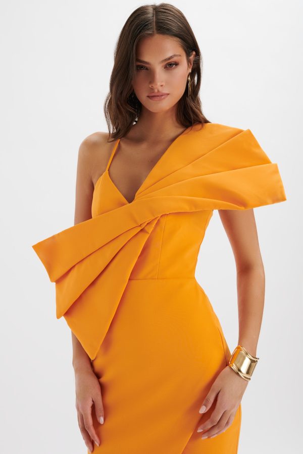 ESTHER Bow Detail Wrap Skirt Midi Dress In Orange - Image 3