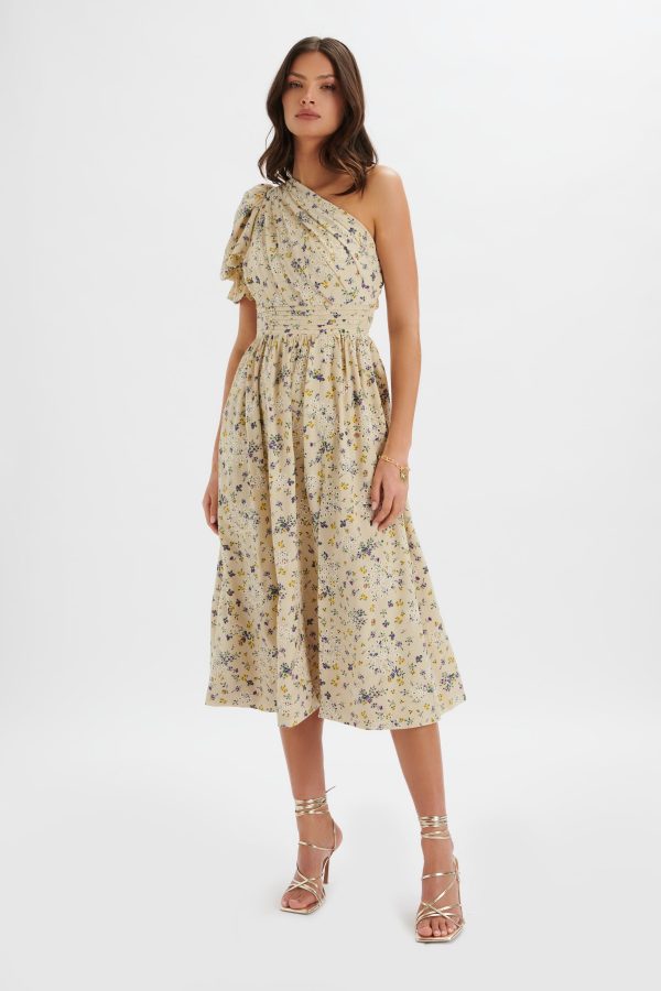 POLLY One Shoulder Puff Sleeve Midi Dress in Floral Broidery - Image 2