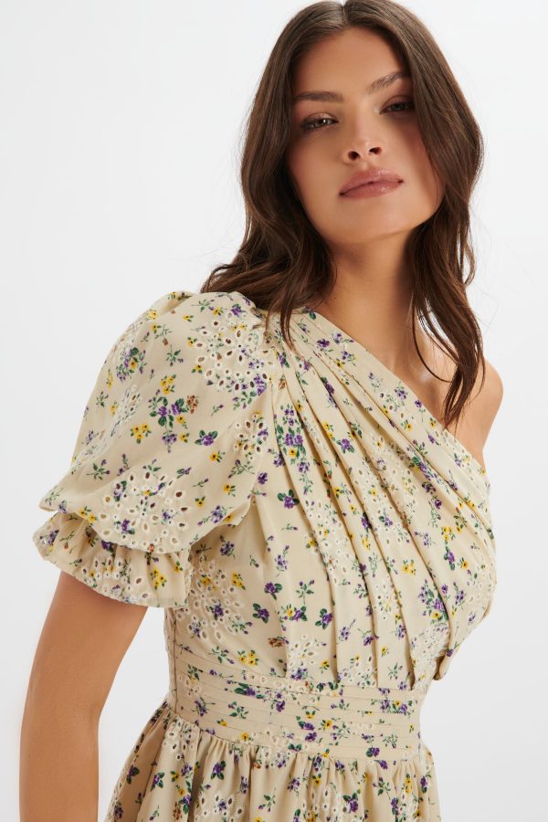 POLLY One Shoulder Puff Sleeve Midi Dress in Floral Broidery - Image 3