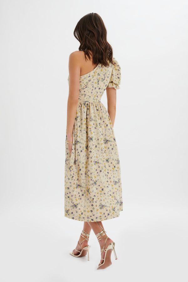 POLLY One Shoulder Puff Sleeve Midi Dress in Floral Broidery - Image 4