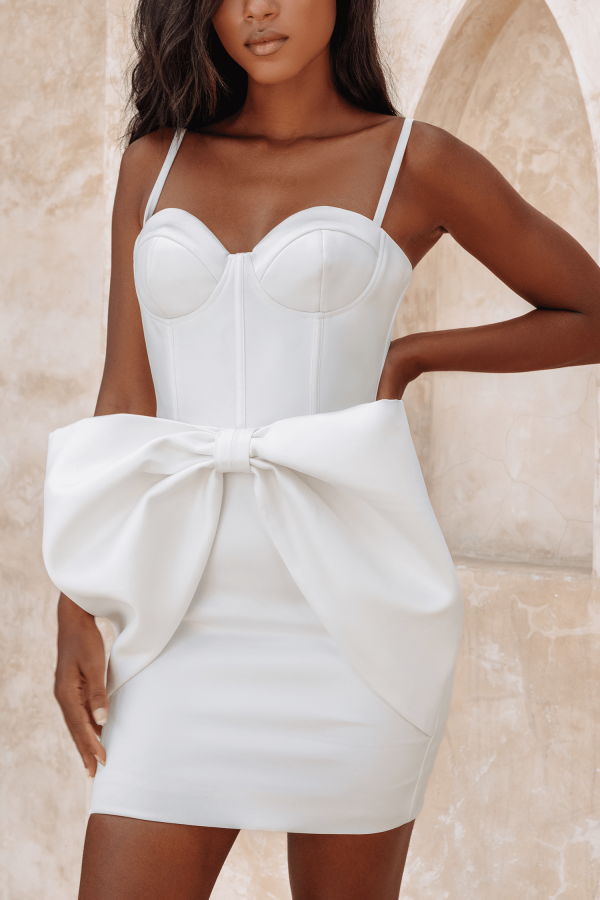 MICHELLE Extreme Bow Corset Detail Mini Dress In White Satin - Image 2