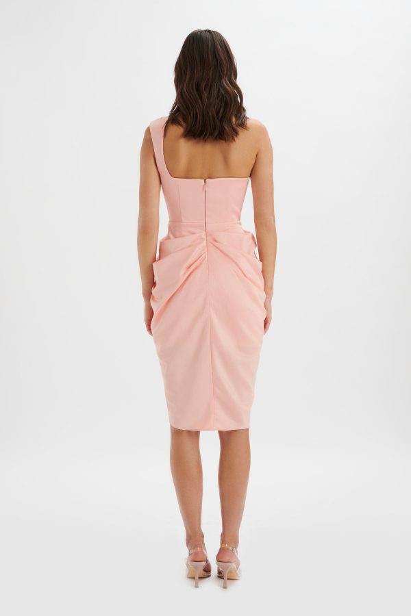 LUCIANA Curved One Shoulder Midi Dress In Coral Satin - Image 4