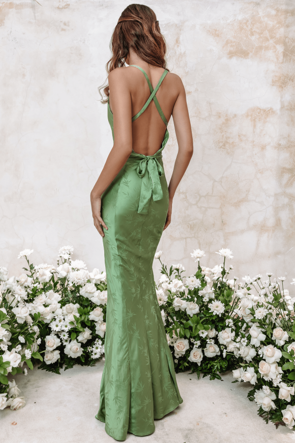DANIELLA Satin Jaquard Cowl Neck Maxi Dress In Green - Image 5