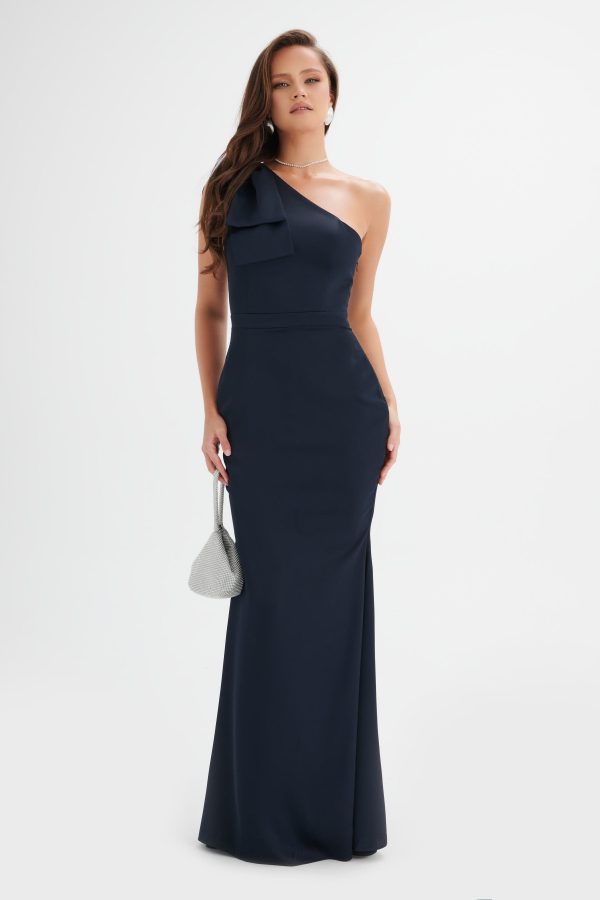 ALESSANDRA Satin Bow Shoulder Maxi Dress in Midnight Blue - Image 2