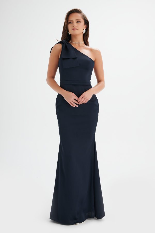 ALESSANDRA Satin Bow Shoulder Maxi Dress in Midnight Blue - Image 4