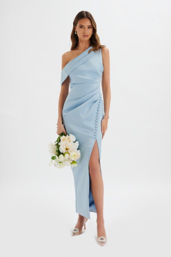 JOANNA Bonded Satin Pleated Maxi Dress In Dusty Blue - Image 2