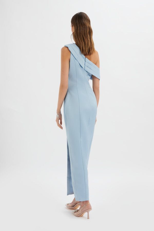 JOANNA Bonded Satin Pleated Maxi Dress In Dusty Blue - Image 4