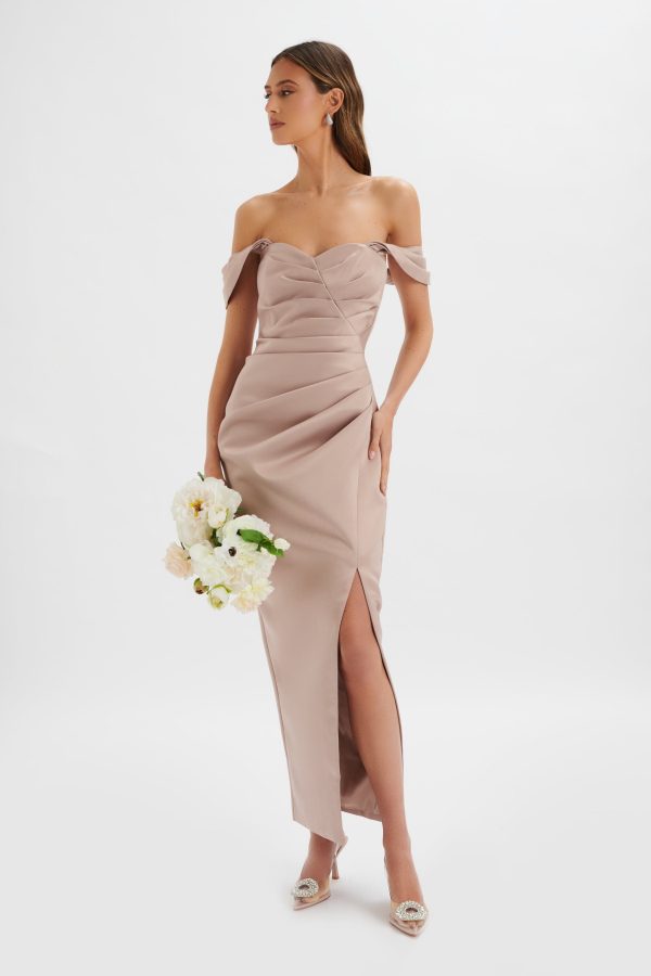 KAITLIN Bonded Satin Off Shoulder Maxi Dress In Mink - Image 2