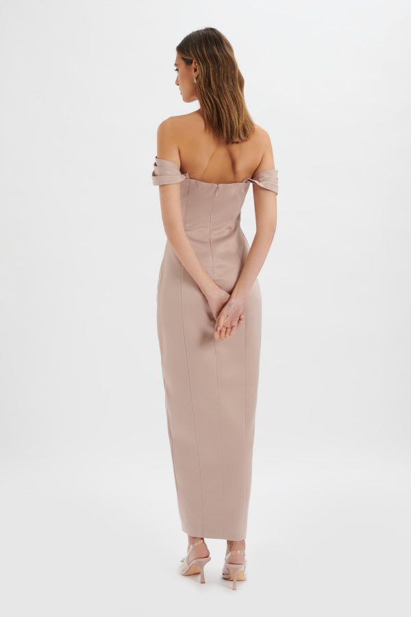 KAITLIN Bonded Satin Off Shoulder Maxi Dress In Mink - Image 4