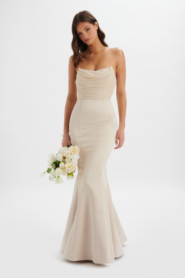 RENATA Bonded Satin Corset Maxi Dress In Champagne - Image 2