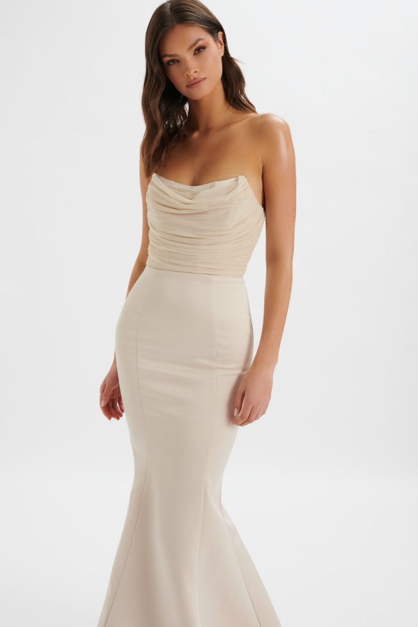 RENATA Bonded Satin Corset Maxi Dress In Champagne - Image 3