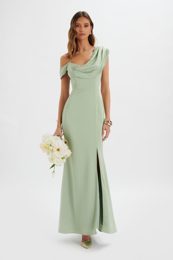 ANNABELLA Satin Asymmetric Drape Maxi Dress In Sage Green - Image 2