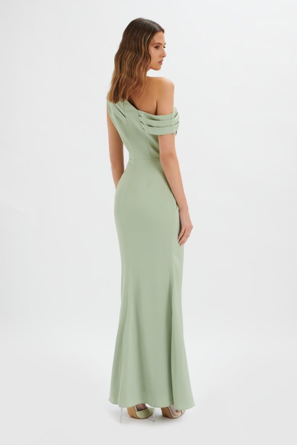 ANNABELLA Satin Asymmetric Drape Maxi Dress In Sage Green - Image 4