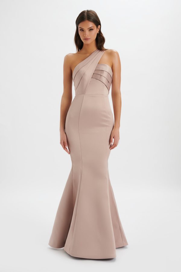 SHAILENE Bonded Satin Asymmetric Maxi Dress In Mink - Image 2