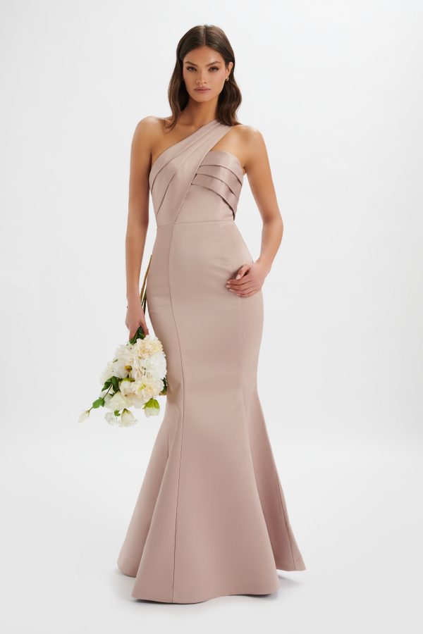 SHAILENE Bonded Satin Asymmetric Maxi Dress In Mink - Image 3