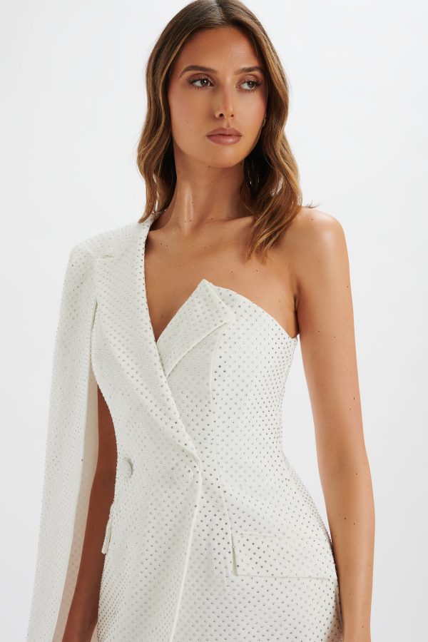 MARCY Crystal Embellished One Shoulder Cape Blazer Dress in White - Image 3