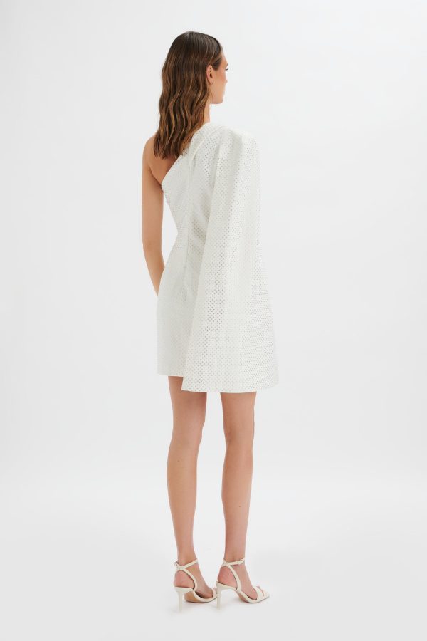 MARCY Crystal Embellished One Shoulder Cape Blazer Dress in White - Image 4