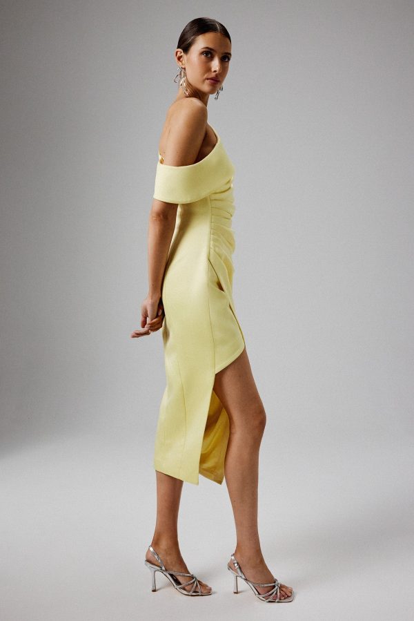 BAMBI Asymmetric Neckline Pleated Satin Midi Dress in Yellow - Image 2