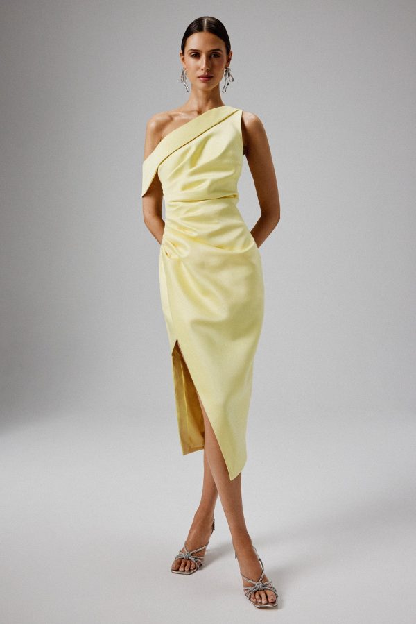 BAMBI Asymmetric Neckline Pleated Satin Midi Dress in Yellow - Image 3