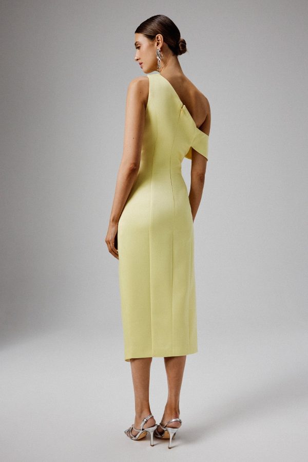 BAMBI Asymmetric Neckline Pleated Satin Midi Dress in Yellow - Image 4
