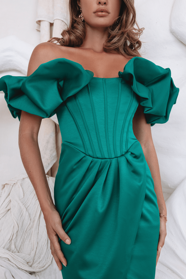 SIMONE Puff Sleeve Bardot Satin Midi Dress In Emerald Green - Image 3