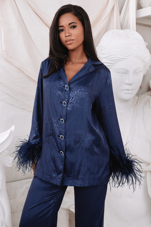 HELEN Feather Trim Satin Jacquard Pyjama In Navy - Image 2